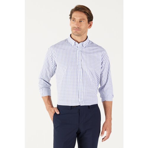 AC&Co / Altınyıldız Classics Men's White-Navy Blue Comfort Fit Comfy Cut Buttoned Collar Cotton Check Shirt. Slike