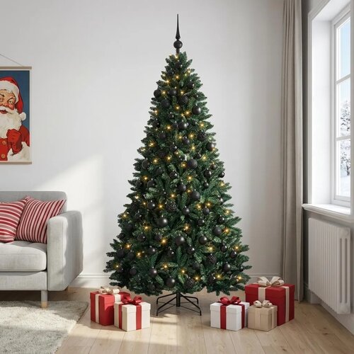  Umjetno božićno drvce s kuglicama tamnozeleno 210 cm - Tamnozelena &amp;Oslash; 106 x 210 cm s 300 LED dioda i crnim lopticama Slike