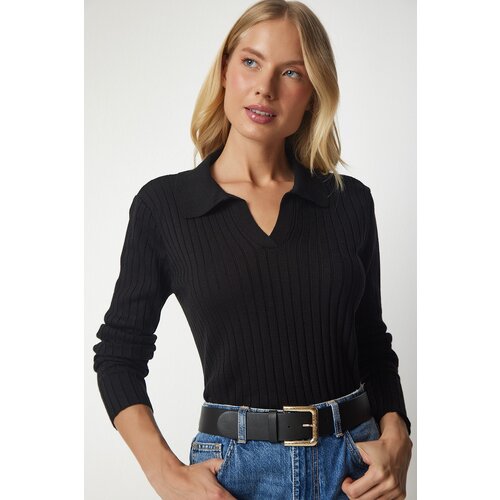  Women's Black Polo Neck Corduroy Knitwear Sweater Cene