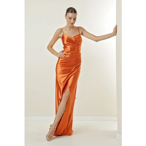 By Saygı Long Lined Satin Dress with Rope Straps and Ties at the Back.