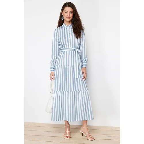 Trendyol Blue Shirt Collar Striped Belted Woven Dress