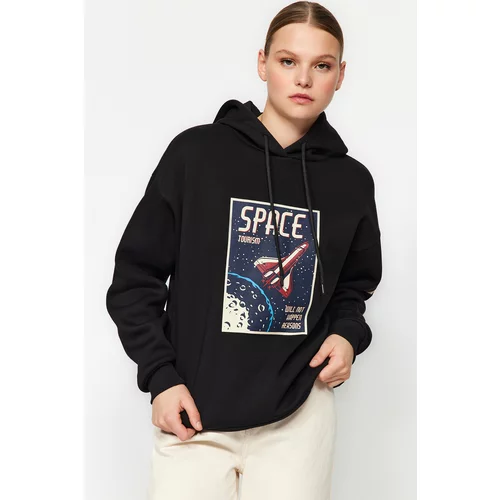 Trendyol Black Oversized/Wide-Cut Knitted Sweatshirt with a Space Print Thick Fleece Inside