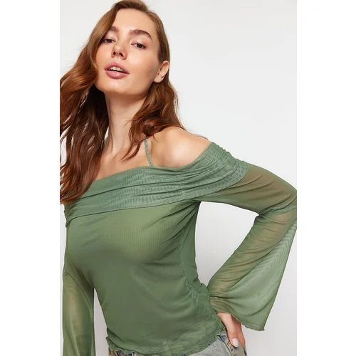 Trendyol Khaki Flare Sleeve Tie Detailed Knitted Blouse