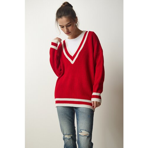  Women's Red V-Neck Stripe Detailed Oversize Knitwear Sweater Cene