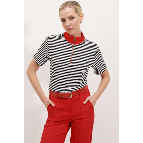 Bigdart Women's Red Polo Collar Zippered Striped T-Shirt 0497