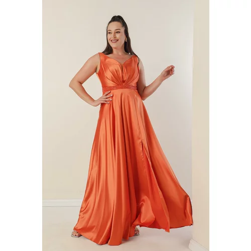 By Saygı V-Neck Plus Size Satin Dress with Thick Straps and Beaded Lined Waist