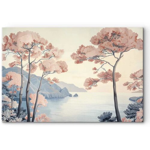  Slika - Landscape with the Ocean Cliffs and Trees in Delicate Pink Shades 30x20 Premium Print Cene