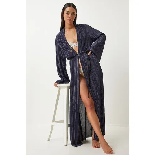 Happiness İstanbul Women's Smoked Leather Belted Pleated Long Kimono