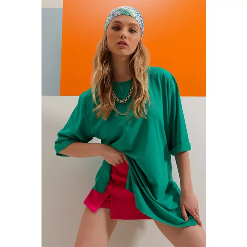 Trend Alaçatı Stili Women's Green Crew Neck Double Sleeve Oversize Cotton Basic T-Shirt
