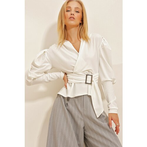 Trend Alaçatı Stili Women's White V-Neck Princess Crepe Blouse with Belt Detail on the waist and waist Slike