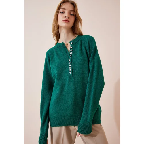  Women's Dark Green Buttoned Collar Knitwear Sweater