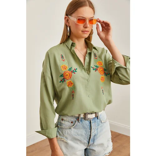 Olalook Women's Orange Floral Mold Green Embroidery Detailed Oversize Woven Shirt