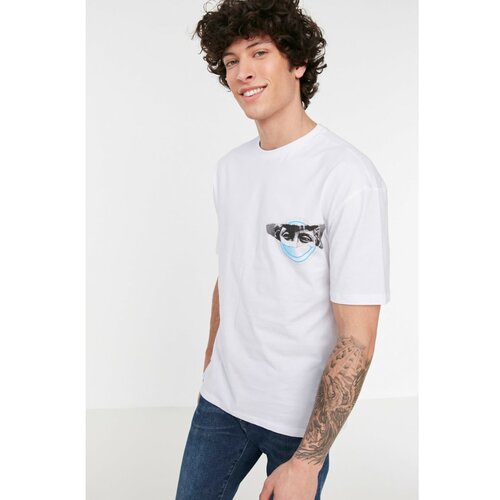 Trendyol White Men's Wide Cut Short Sleeve Printed T-Shirt Slike