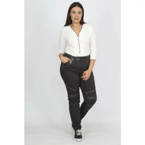 Şans Women's Large Size Black Stitching Detailed Lacquer Printed 5 Pocket Trousers