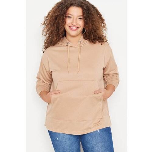 Trendyol Curve Beige Hooded Boyfriend Thin Knitted Sweatshirt Slike