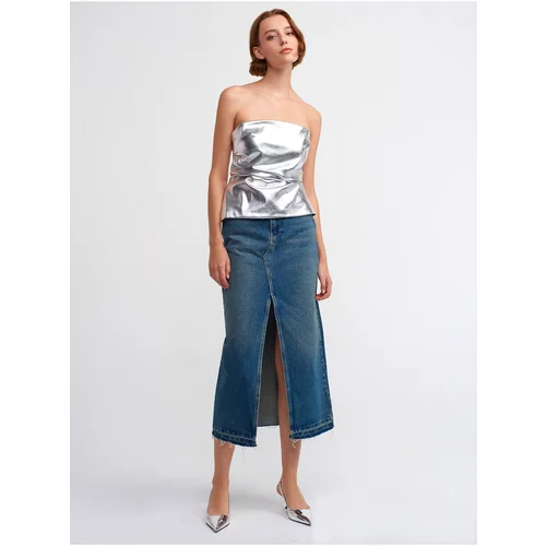 Dilvin 80555 Long Denim Skirt with Traces on the Bottom-Tint