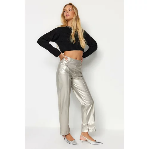 Trendyol Gray Faux Leather High Waist Straight Woven Trousers