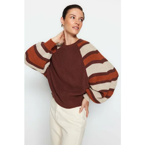 Trendyol Brown Color Block Crew Neck Knitwear Sweater