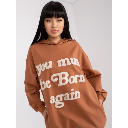 Fashion Hunters Light brown oversized sweatshirt with a hood and text Slike