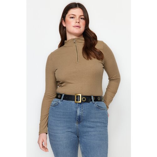 Trendyol Curve Mink High Neck Additional Features Not Available Camisole Plus Size Bodysuit Slike