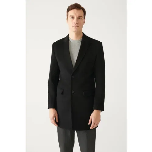 Avva Men's Black Slit Woolen Cachet Comfort Fit Comfort Cut Coat