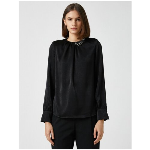 Koton Women&amp;#039;s Black Satin Crew Neck Chain Detailed Blouse Slike