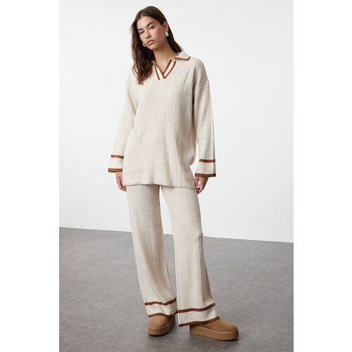 Trendyol Stone Brown Piping Knitwear Sweater Trousers Bottom-Top Set Slike