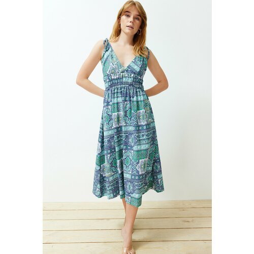 Trendyol Blue Straps Sweetheart Collar Shawl Pattern Maxi Knitted Midi Dress Slike