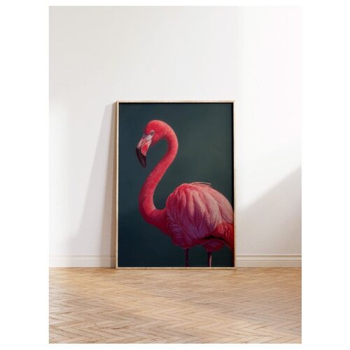 Wallxpert uramljena slika 115228, ružičasti flamingo na tamnozelenoj pozadini, 50 x 70 cm, ram u boji prirodnog drveta Slike