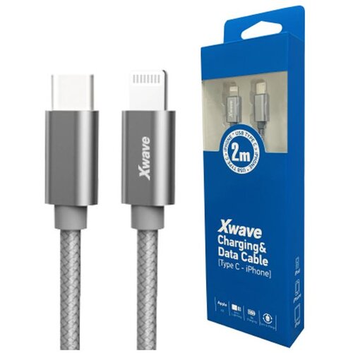 X Wave kabl usb tip-c za iphone 2M 3A,lightning aluminium,upleteni,tamno sivi Cene