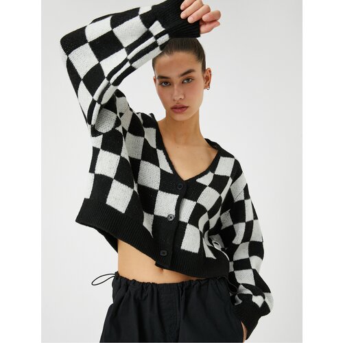 Koton Crop Cardigan Knitted V-Neck Buttoned Checkerboard Pattern Ribbed Slike