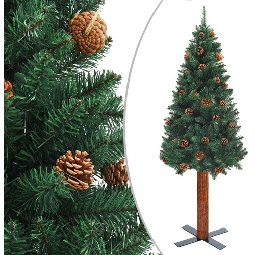 vidaXL Ozka novoletna jelka pravi les in storži zelena 210 cm PVC Cene