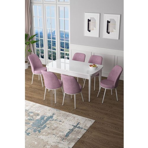Hanah home zen - white, pink whitepink extendable dining table & chairs set (7 pieces) Cene