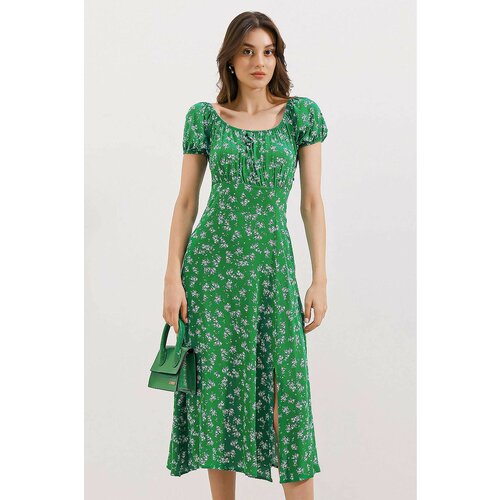 Bigdart 2427 Slit Floral Viscose Dress - Green Slike