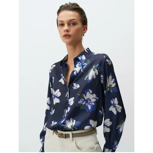 Jimmy Key Navy Blue Long Sleeve Floral Satin Shirt