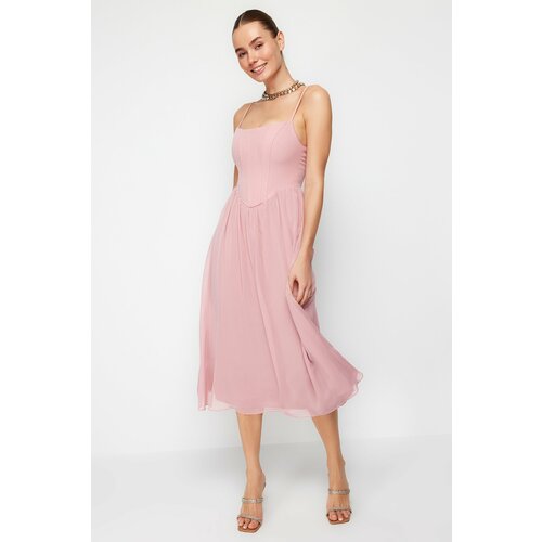 Trendyol Pale Pink Waist Opening/Skater Lined Bodice Detailed Tulle Elegant Evening Dress Slike
