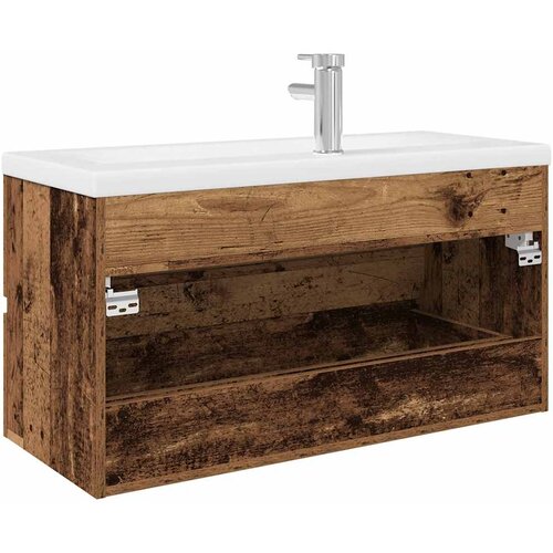  Ormarić za sudoper ugradbenim umivaonikom i slavinom Staro drvo Smeđa 90 x 38.5 x 45 cm Slike