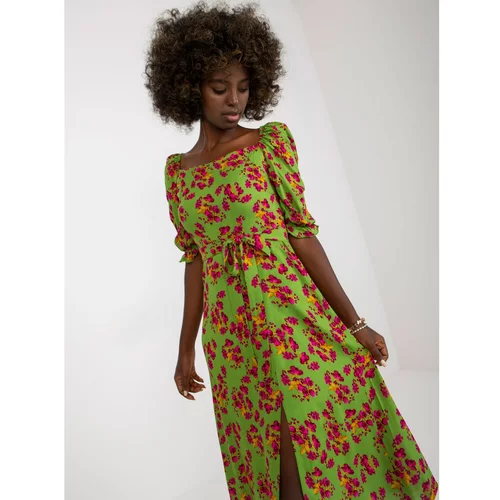 Fashion Hunters Light green midi dress with flowers with a slit