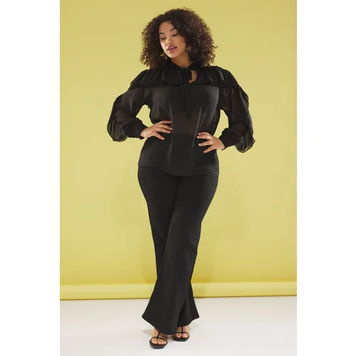 Trendyol Curve Black Halter Neck Long Sleeve Ruffle Woven Plus Size Blouse