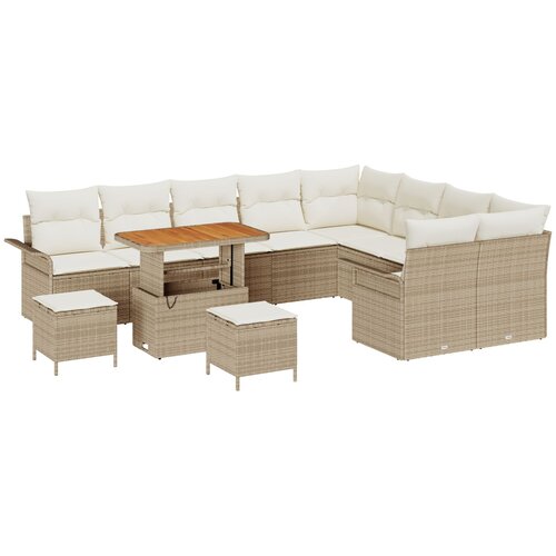 vidaXL 12 delni vrtni sofa set z vzglavniki bež poli ratan akacija, 3 delni vrtni jedilni set z vzglavniki bež poli ratan akacija, 2-sedežni vrtni kavč z vzglavniki bež poli ratan Cene