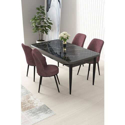 Hanah home Nil - Black Marble, Dusty Rose Black MarbleDusty Rose Dining Table & Chairs Set (5 Pieces) Cene