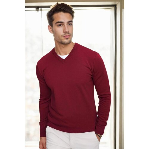 Dewberry 88341 V Neck Knitwear Mens Sweater-BORDEAUX Slike