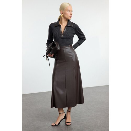 Trendyol Dark Brown Faux Leather High Waist Maxi Skirt Slike