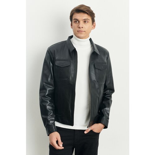 ALTINYILDIZ CLASSICS Men's Black Standard Fit Normal Cut Baby Collar 100% Genuine Leather Coat Slike