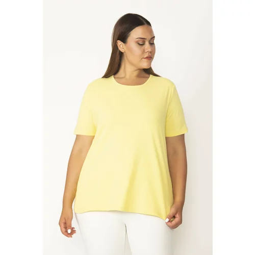 Şans Women's Plus Size Yellow Cotton Fabric Crew Neck Short Sleeve Blouse