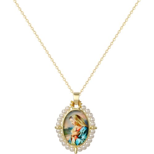  Ogrlica Medaljon Devica Marija PM-41177 - Zlata / Bela / Tip2 Cene