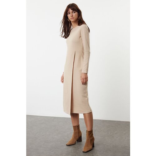 Trendyol Beige Plain Thessaloniki Wrap Midi Flexible Knitted Dress Cene