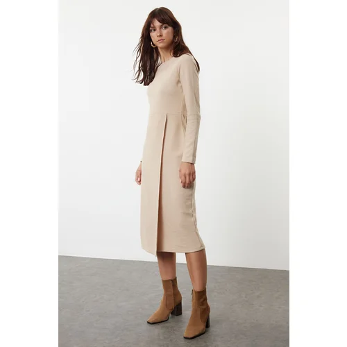 Trendyol Beige Plain Thessaloniki Wrap Midi Flexible Knitted Dress