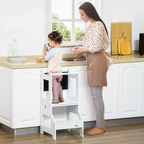HOMCOM Snemljive Montessori stopnice 2 v 1 iz MDF, lesen otroški učni stolp, 3-6 let, s stolčkom, tablo, ročajem in ograjo, priložene, bela, (20755488) Cene