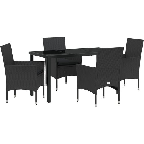 VidaXL 5 dijelni set za objedovanje u vrtu s jastučićima Crni poli ratan, Vrtni stol Crni 140x80x73 cm Temperirano staklo Slike
